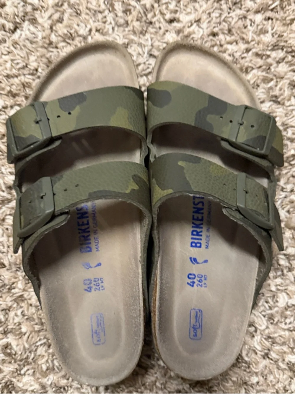 Birkenstock Women’s Two-Strap Camo Green Slide Sandals